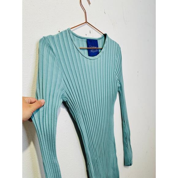 SIMON MILLER Teal Light Blue Ribbed Long Sleeve Fitted Maxi Dress Size Medium - Picture 8 of 14
